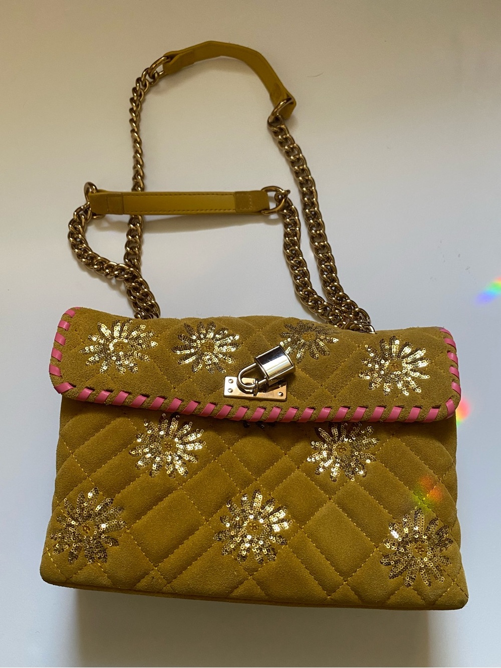 Kurt Geiger London The Brixton Mustard Quilted Suede Gold Sequin Shoulder Bag